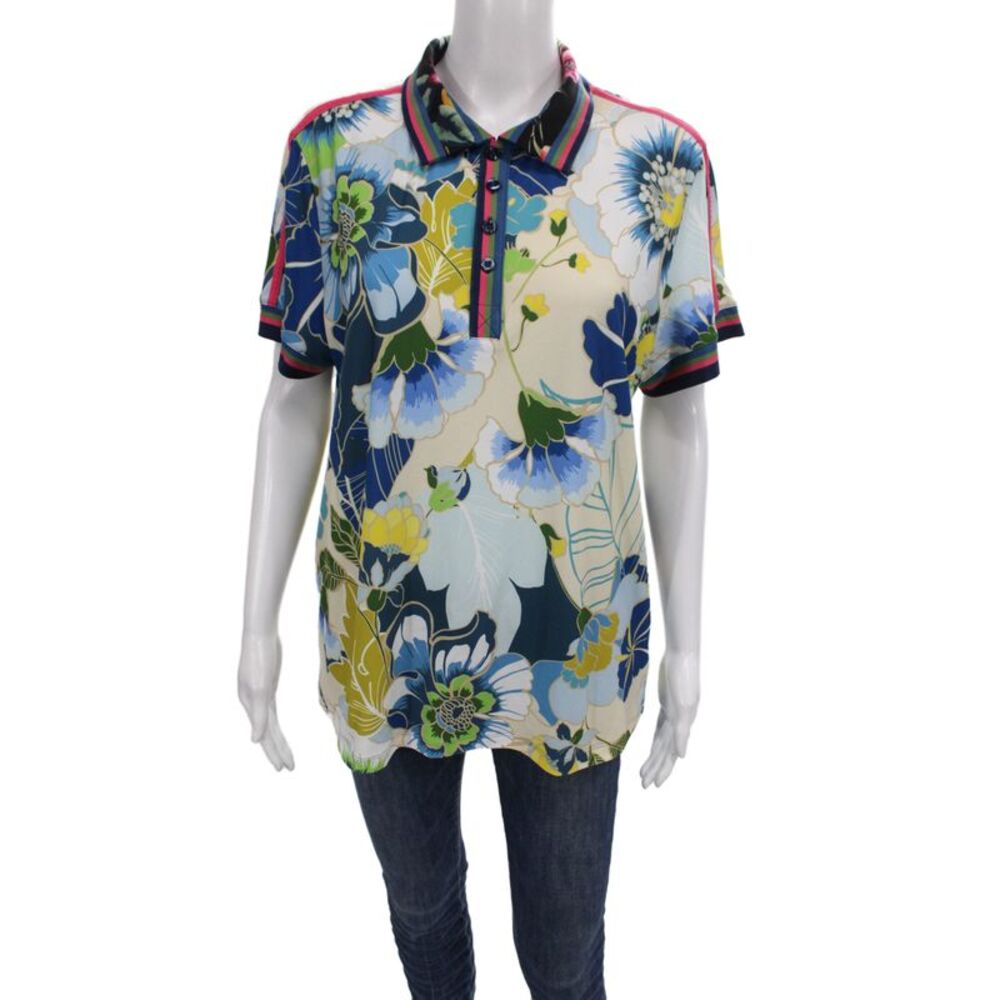 Johnny Was Women Floral Collared Polo Tunic Short Sleeve Multi-Color Size XL